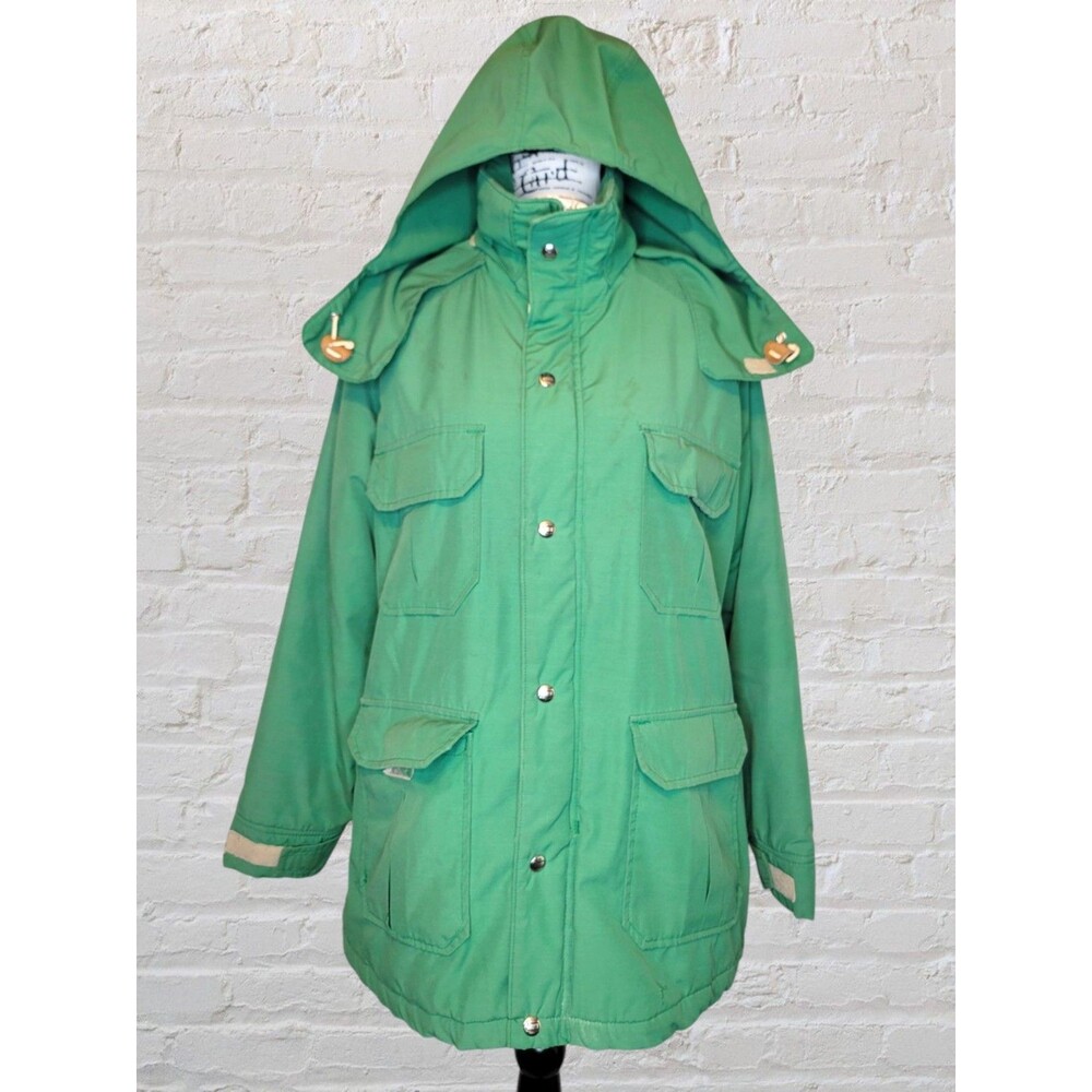 Vtg Woolrich Nylon Chore Coat Jacket Women LG Green Hooded Quilted Liner Gorp